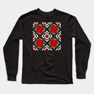 Hibiscus tropical floral geometric pattern Long Sleeve T-Shirt